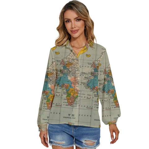 Vintage World Map Women s Long Sleeve Button Up Shirt by Ket1n9