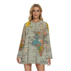 Vintage World Map Round Neck Long Sleeve Bohemian Style Chiffon Mini Dress by Ket1n9