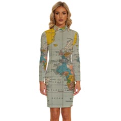 Vintage World Map Long Sleeve Shirt Collar Bodycon Dress by Ket1n9