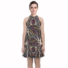 Mental Human Experience Mindset Pattern Velvet Halter Neckline Dress 