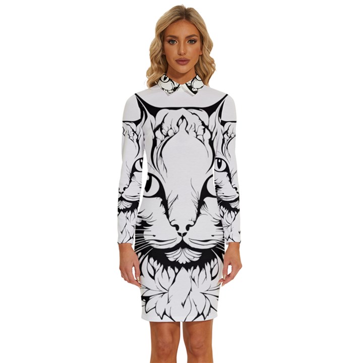 Cat - Artistic Paper Cut Long Sleeve Shirt Collar Bodycon Dress