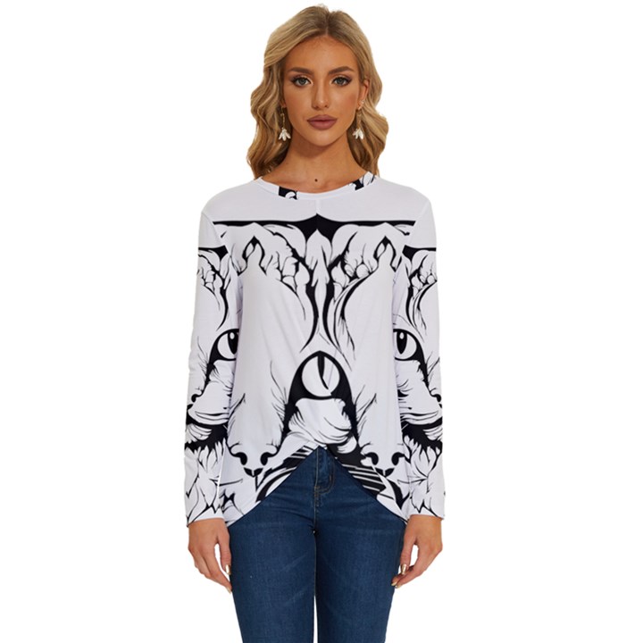 Cat - Artistic Paper Cut Long Sleeve Crew Neck Pullover Top