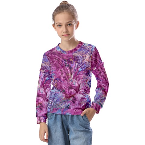 Fuchsia Blend Kids  Long Sleeve T-shirt With Frill  by kaleidomarblingart