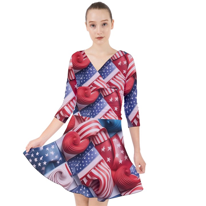 Us presidential election colorful vibrant pattern design  Quarter Sleeve Front Wrap Dress