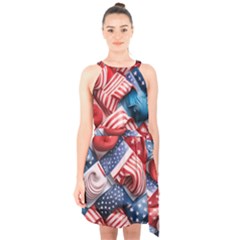 Us Presidential Election Colorful Vibrant Pattern Design  Halter Collar Waist Tie Chiffon Dress