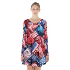 Us Presidential Election Colorful Vibrant Pattern Design  Long Sleeve Velvet V-neck Dress