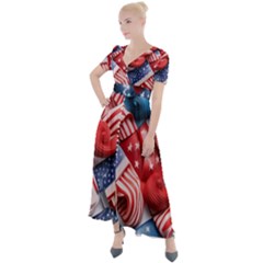 Us Presidential Election Colorful Vibrant Pattern Design  Button Up Short Sleeve Maxi Dress