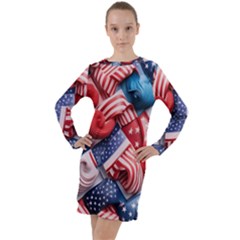 Us Presidential Election Colorful Vibrant Pattern Design  Long Sleeve Hoodie Dress by dflcprintsclothing