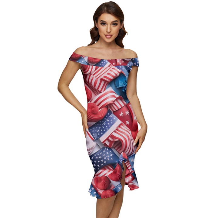 Us presidential election colorful vibrant pattern design  Off Shoulder Ruffle Split Hem Bodycon Dress