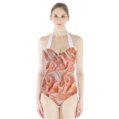 Peach Fuzz Elegant Print Abstract Design Halter Swimsuit by dflcprintsclothing