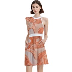 Peach Fuzz Elegant Print Abstract Design Cocktail Party Halter Sleeveless Dress With Pockets