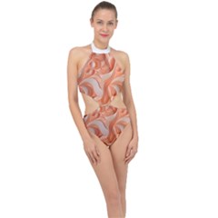 Peach Fuzz Elegant Print Abstract Design Halter Side Cut Swimsuit by dflcprintsclothing