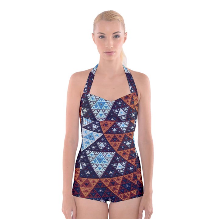 Fractal Triangle Geometric Abstract Pattern Boyleg Halter Swimsuit 