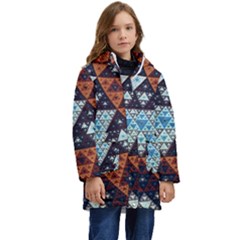 Fractal Triangle Geometric Abstract Pattern Kids  Hooded Longline Puffer Jacket by Cemarart