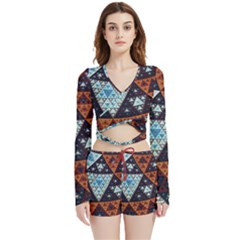 Fractal Triangle Geometric Abstract Pattern Velvet Wrap Crop Top And Shorts Set by Cemarart