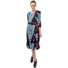 Fractal Triangle Geometric Abstract Pattern Ruffle End Midi Chiffon Dress