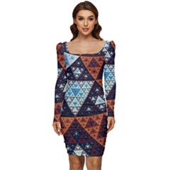 Fractal Triangle Geometric Abstract Pattern Women Long Sleeve Ruched Stretch Jersey Dress by Cemarart