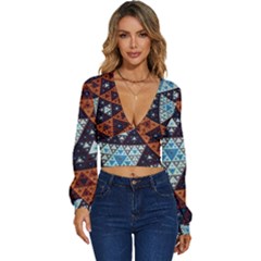 Fractal Triangle Geometric Abstract Pattern Long Sleeve Deep-v Velour Top by Cemarart