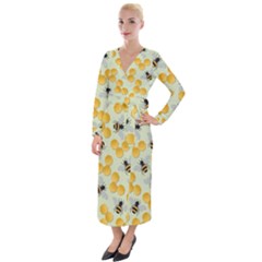 Bees Pattern Honey Bee Bug Honeycomb Honey Beehive Velvet Maxi Wrap Dress by Bedest