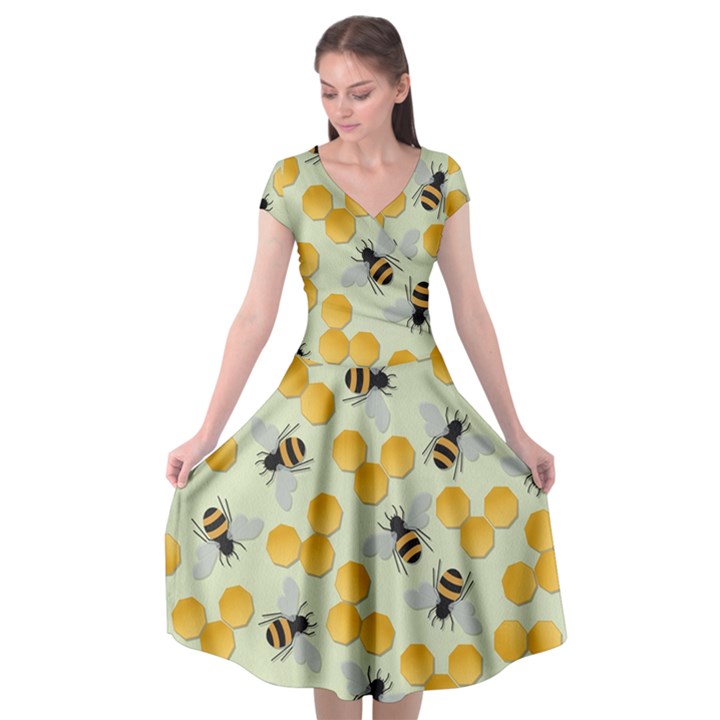 Bees Pattern Honey Bee Bug Honeycomb Honey Beehive Cap Sleeve Wrap Front Dress