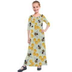 Bees Pattern Honey Bee Bug Honeycomb Honey Beehive Kids  Quarter Sleeve Maxi Dress by Bedest