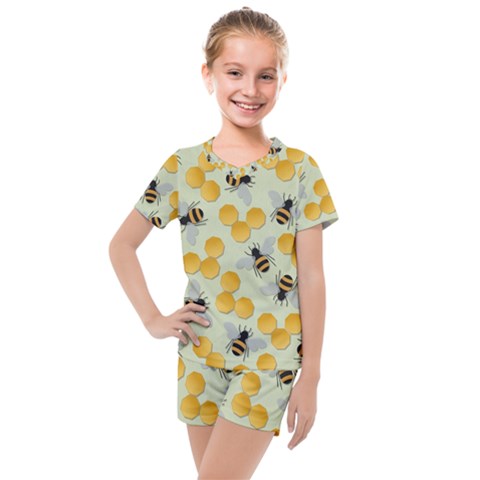 Bees Pattern Honey Bee Bug Honeycomb Honey Beehive Kids  Mesh T-shirt And Shorts Set by Bedest