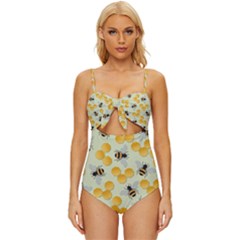 Bees Pattern Honey Bee Bug Honeycomb Honey Beehive Knot Front One-piece Swimsuit