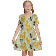 Bees Pattern Honey Bee Bug Honeycomb Honey Beehive Kids  Short Sleeve Tiered Mini Dress by Bedest