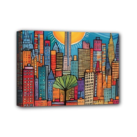 City New York Nyc Skyscraper Skyline Downtown Night Business Urban Travel Landmark Building Architec Mini Canvas 7  X 5  (stretched) by Posterlux