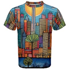 City New York Nyc Skyscraper Skyline Downtown Night Business Urban Travel Landmark Building Architec Men s Cotton T-shirt by Posterlux