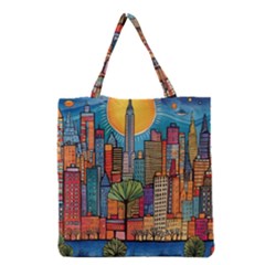 City New York Nyc Skyscraper Skyline Downtown Night Business Urban Travel Landmark Building Architec Grocery Tote Bag by Posterlux