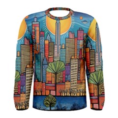 City New York Nyc Skyscraper Skyline Downtown Night Business Urban Travel Landmark Building Architec Men s Long Sleeve T-shirt