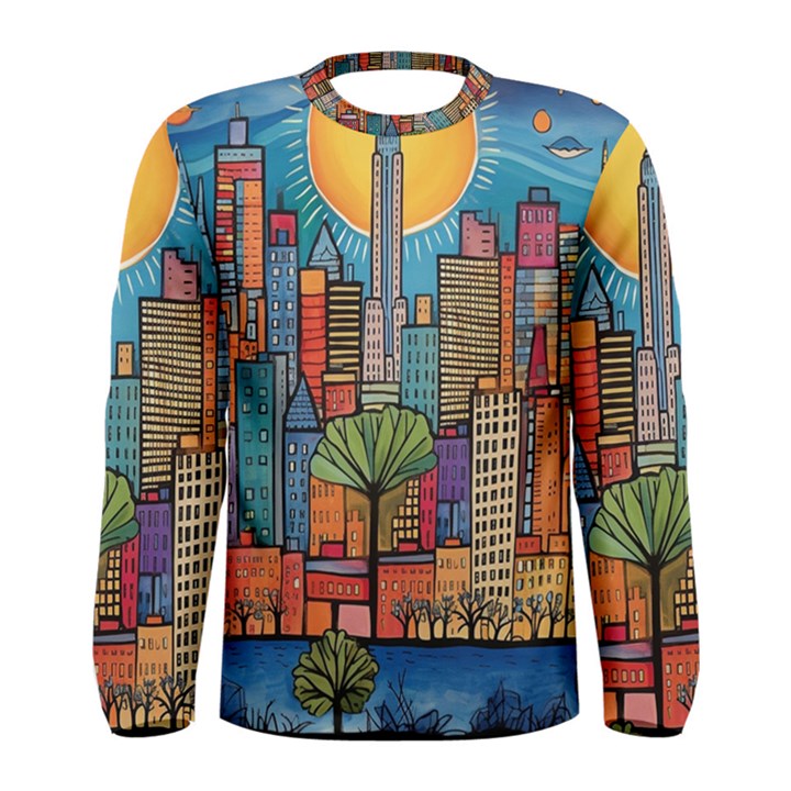 City New York Nyc Skyscraper Skyline Downtown Night Business Urban Travel Landmark Building Architec Men s Long Sleeve T-Shirt