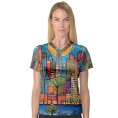 City New York Nyc Skyscraper Skyline Downtown Night Business Urban Travel Landmark Building Architec V-neck Sport Mesh T-shirt