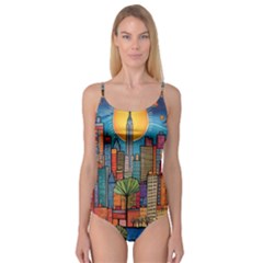 City New York Nyc Skyscraper Skyline Downtown Night Business Urban Travel Landmark Building Architec Camisole Leotard  by Posterlux