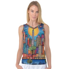 City New York Nyc Skyscraper Skyline Downtown Night Business Urban Travel Landmark Building Architec Women s Basketball Tank Top