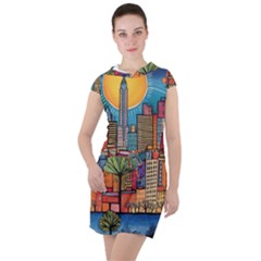 City New York Nyc Skyscraper Skyline Downtown Night Business Urban Travel Landmark Building Architec Drawstring Hooded Dress by Posterlux