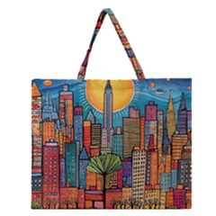 City New York Nyc Skyscraper Skyline Downtown Night Business Urban Travel Landmark Building Architec Zipper Large Tote Bag