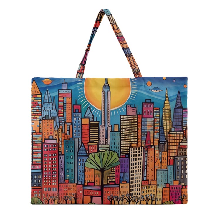 City New York Nyc Skyscraper Skyline Downtown Night Business Urban Travel Landmark Building Architec Zipper Large Tote Bag