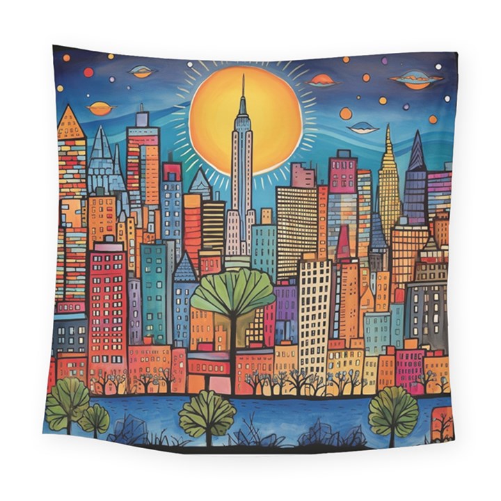 City New York Nyc Skyscraper Skyline Downtown Night Business Urban Travel Landmark Building Architec Square Tapestry (Large)