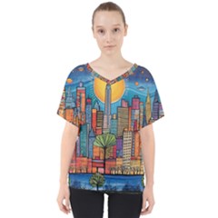 City New York Nyc Skyscraper Skyline Downtown Night Business Urban Travel Landmark Building Architec V-neck Dolman Drape Top by Posterlux