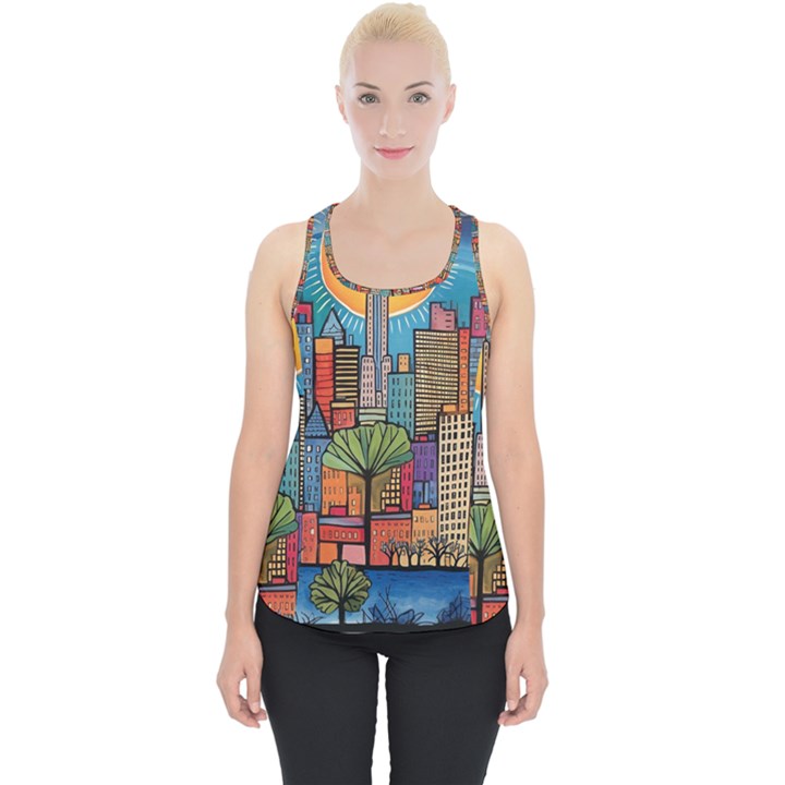 City New York Nyc Skyscraper Skyline Downtown Night Business Urban Travel Landmark Building Architec Piece Up Tank Top