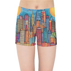 City New York Nyc Skyscraper Skyline Downtown Night Business Urban Travel Landmark Building Architec Kids  Sports Shorts by Posterlux