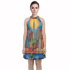 City New York Nyc Skyscraper Skyline Downtown Night Business Urban Travel Landmark Building Architec Velvet Halter Neckline Dress 