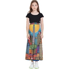 City New York Nyc Skyscraper Skyline Downtown Night Business Urban Travel Landmark Building Architec Kids  Flared Maxi Skirt by Posterlux