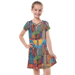 City New York Nyc Skyscraper Skyline Downtown Night Business Urban Travel Landmark Building Architec Kids  Cross Web Dress