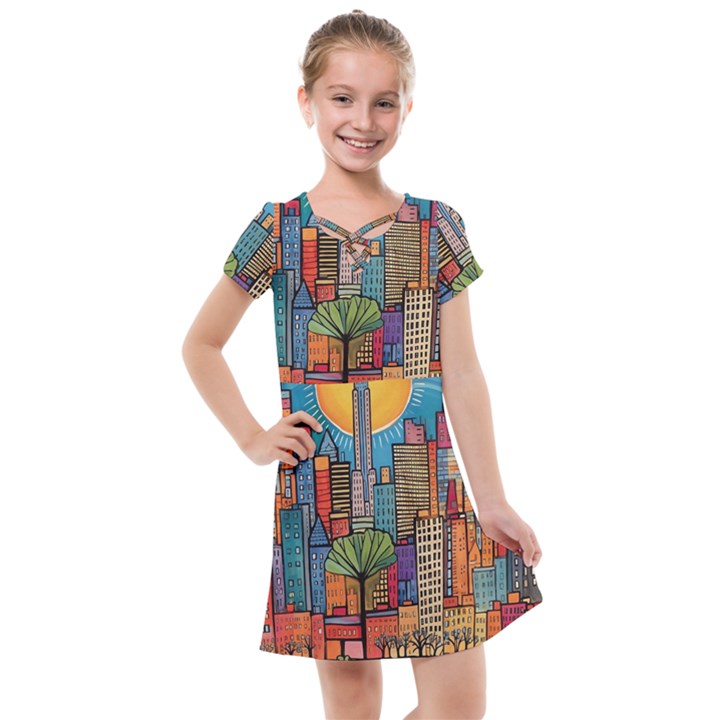 City New York Nyc Skyscraper Skyline Downtown Night Business Urban Travel Landmark Building Architec Kids  Cross Web Dress