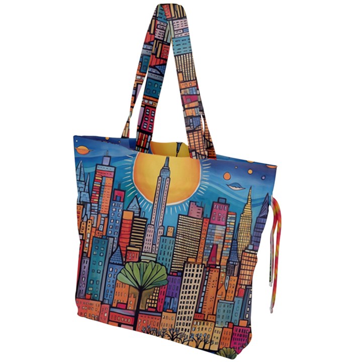 City New York Nyc Skyscraper Skyline Downtown Night Business Urban Travel Landmark Building Architec Drawstring Tote Bag