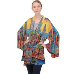 City New York Nyc Skyscraper Skyline Downtown Night Business Urban Travel Landmark Building Architec Long Sleeve Velvet Kimono  by Posterlux