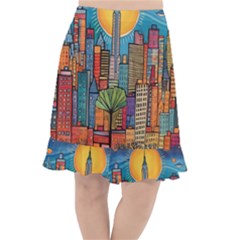 City New York Nyc Skyscraper Skyline Downtown Night Business Urban Travel Landmark Building Architec Fishtail Chiffon Skirt by Posterlux